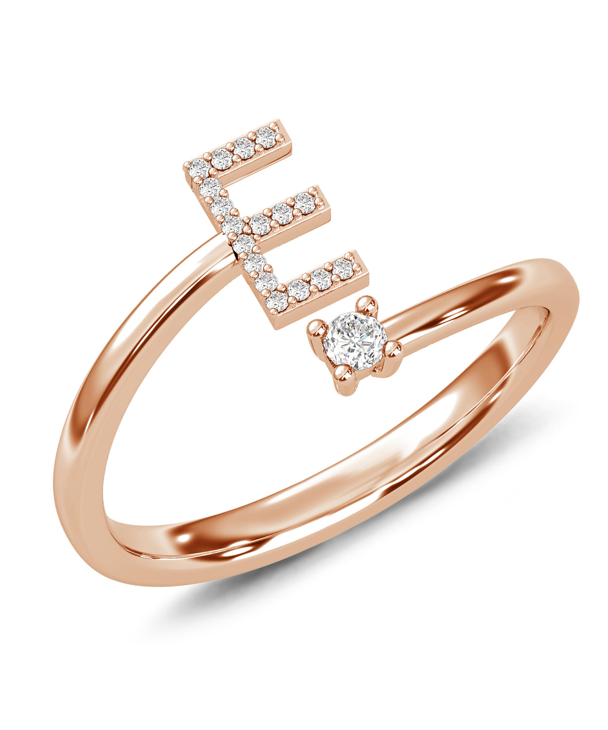 ESEMCO Diamond 18k Rose Gold Letter E Initial Open Ring View 1